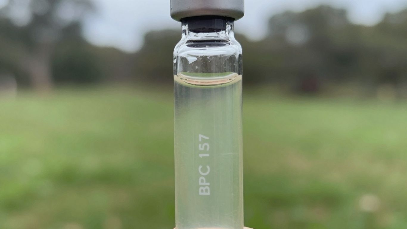BPC 157 peptide vial with Australian flora background.