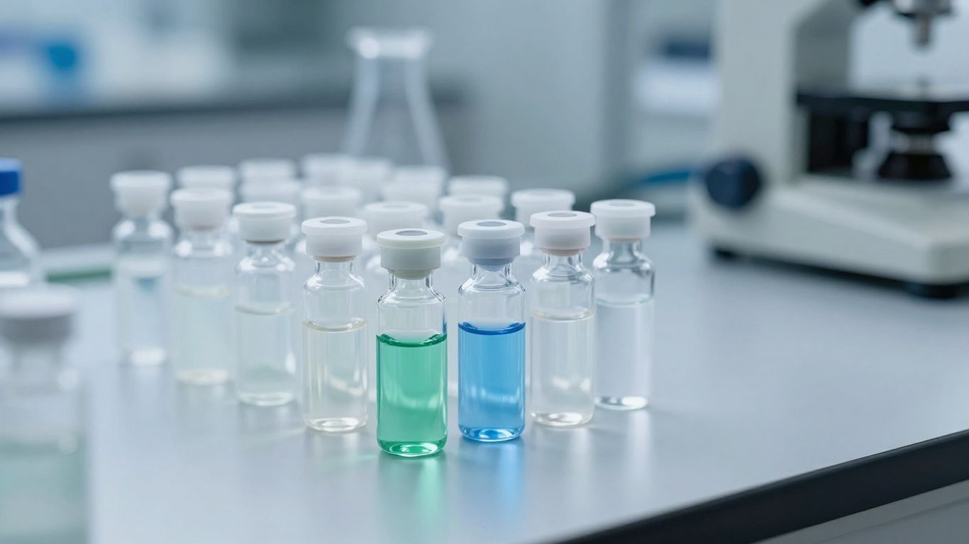 Vials of clear liquid in a modern lab.