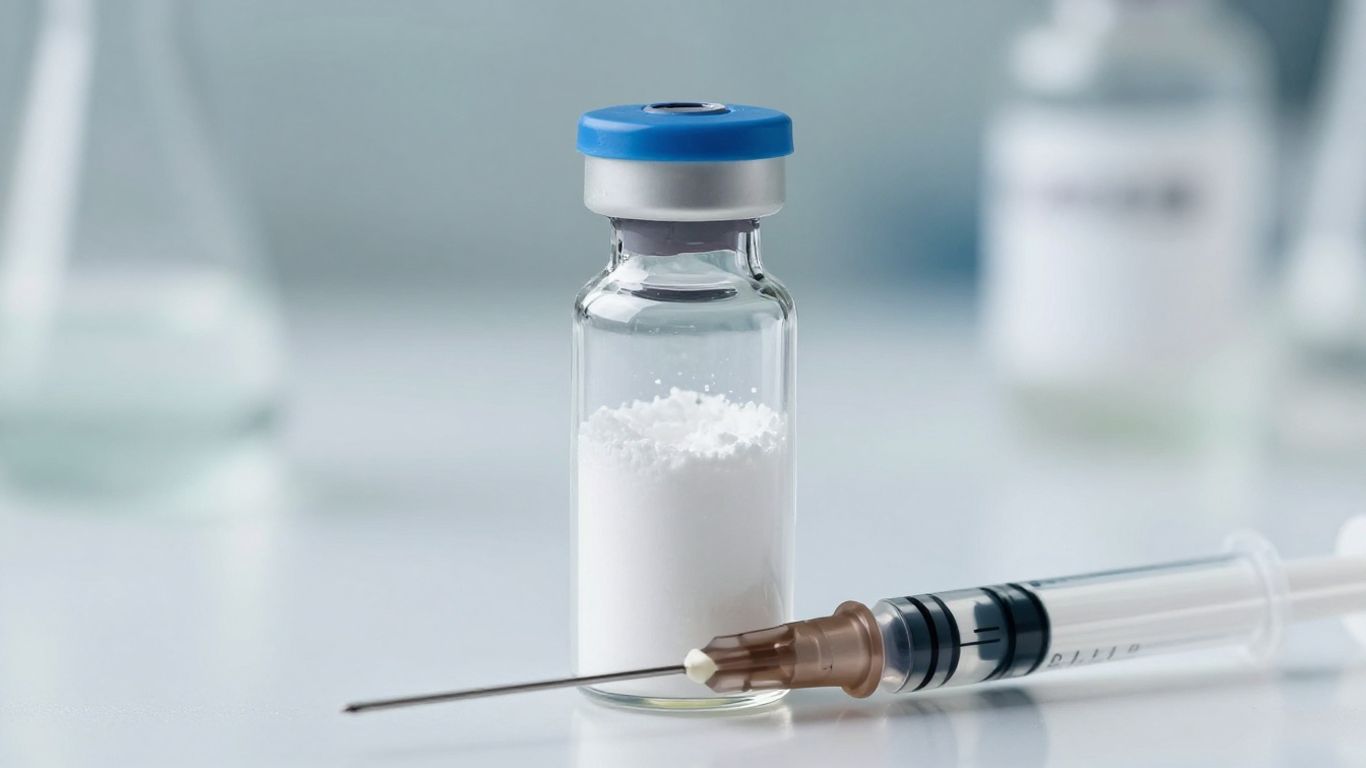 Tesamorelin peptide vial and syringe for medical therapy.