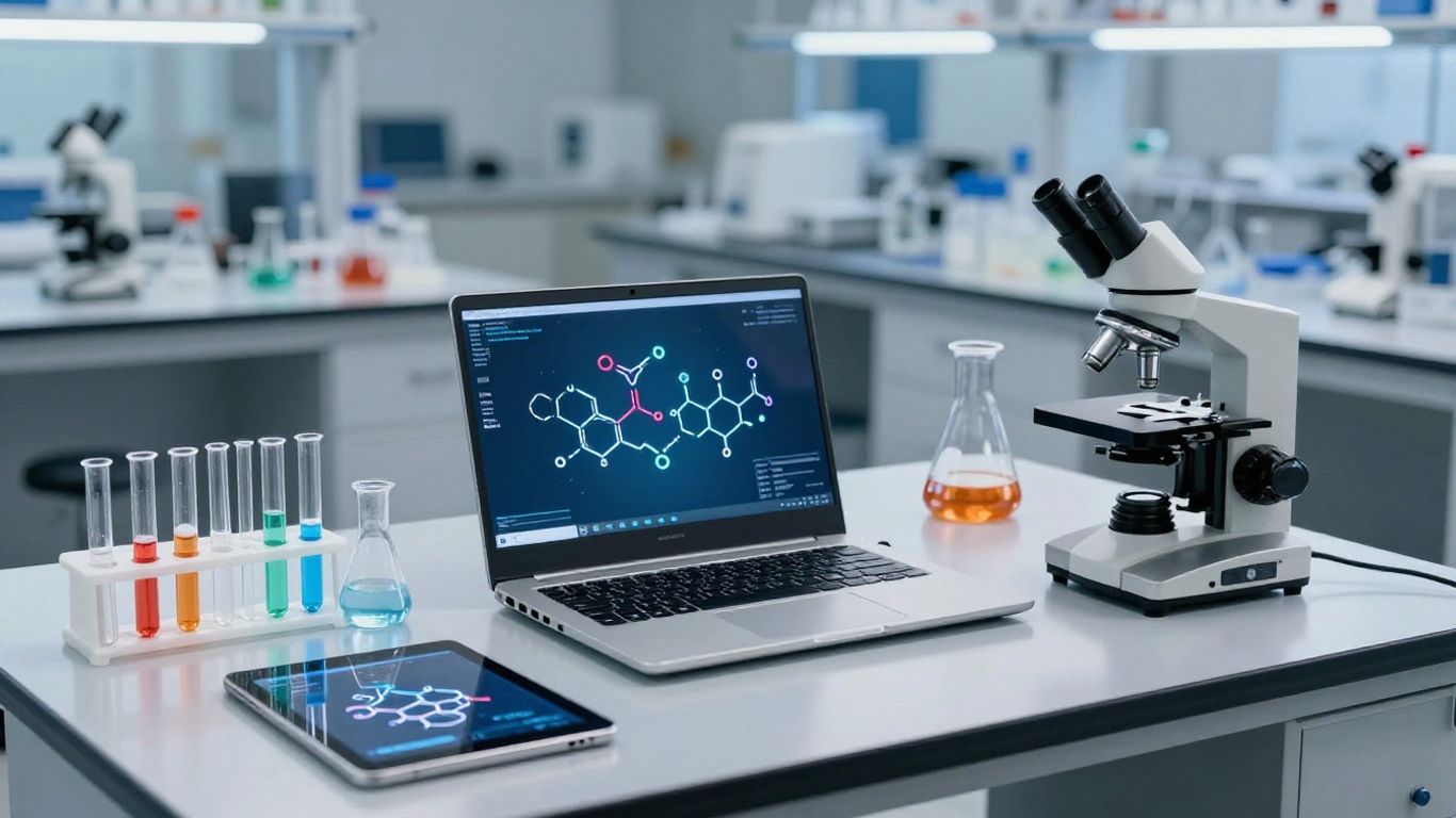 Modern science lab with equipment and technology.