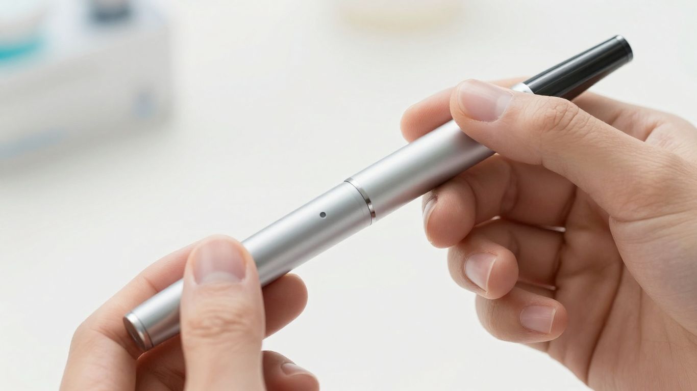 Hand holding peptide pen for injection