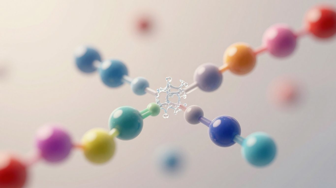 Colorful peptide molecules in a close-up photographic view.