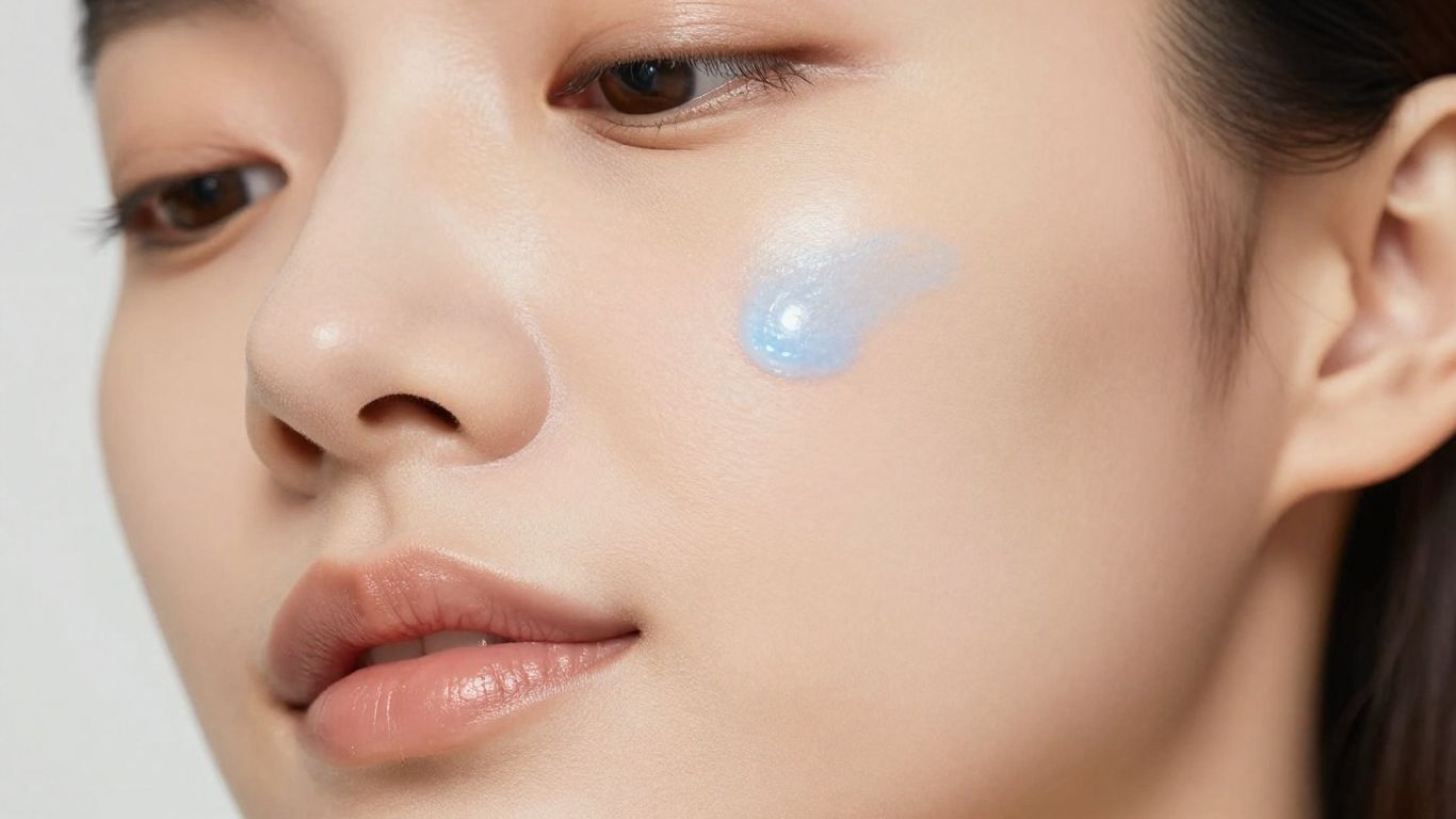 Smooth, youthful facial skin with subtle blue copper tones.