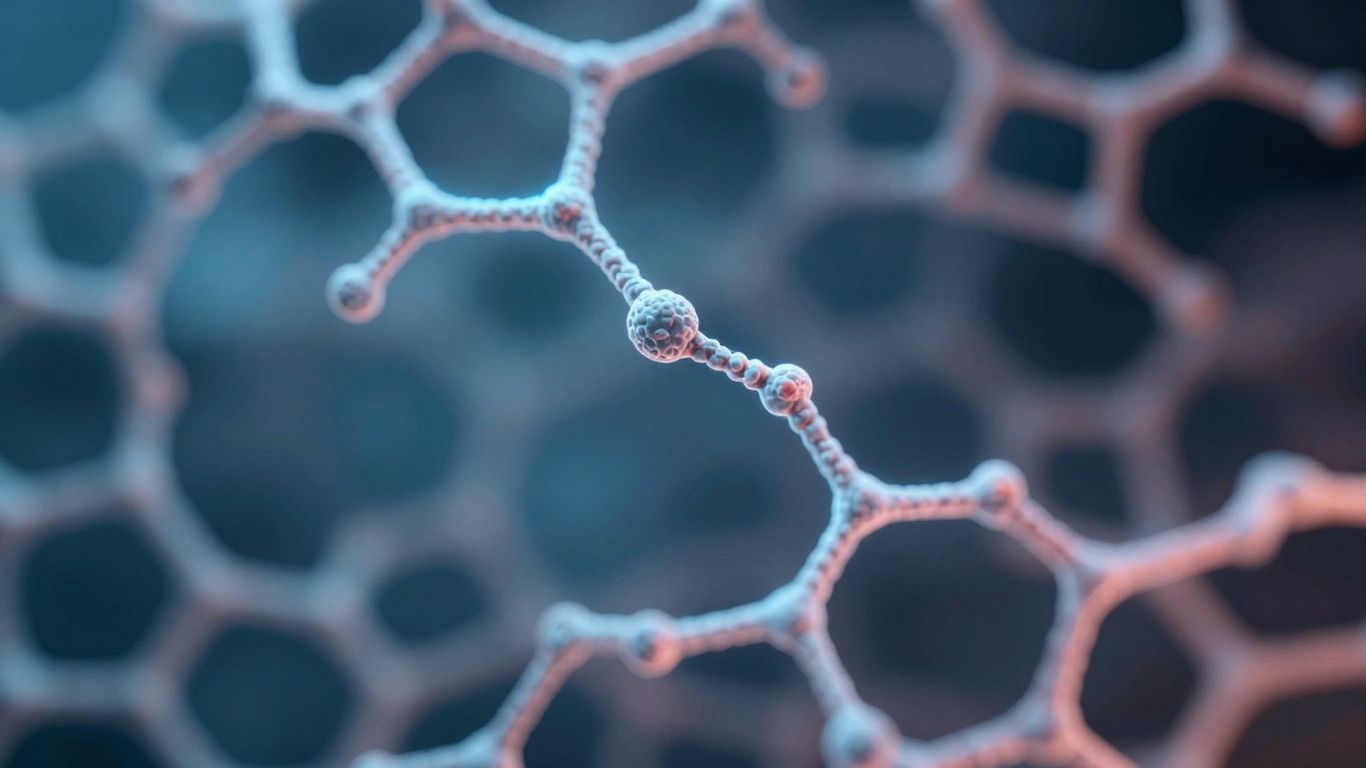 Abstract peptide chains with glowing blue and red hues.