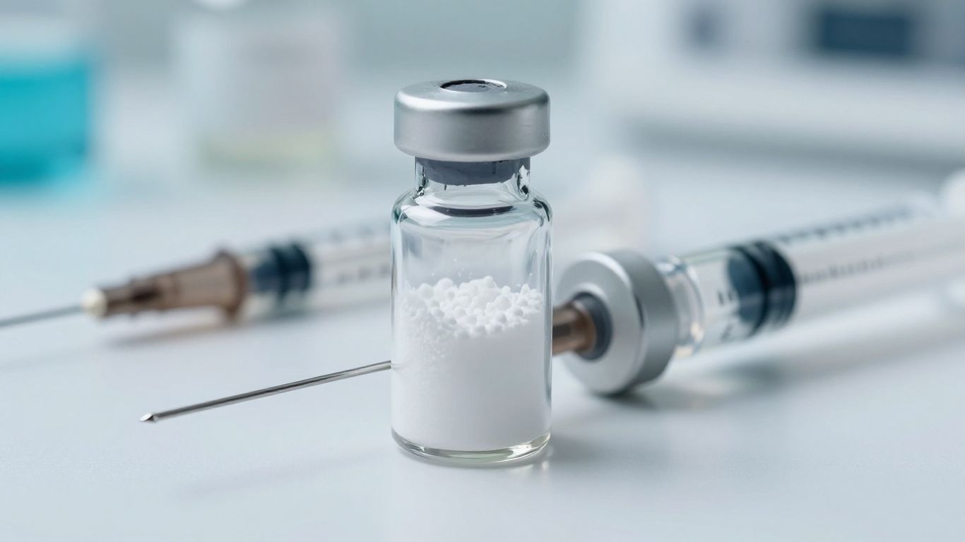 Tesamorelin peptide vial and syringe for fat loss