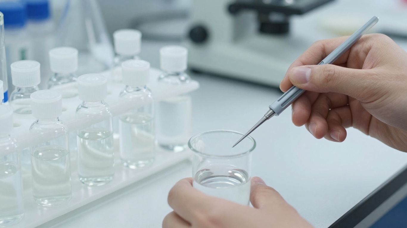 Laboratory vials and scientific equipment for peptide research.