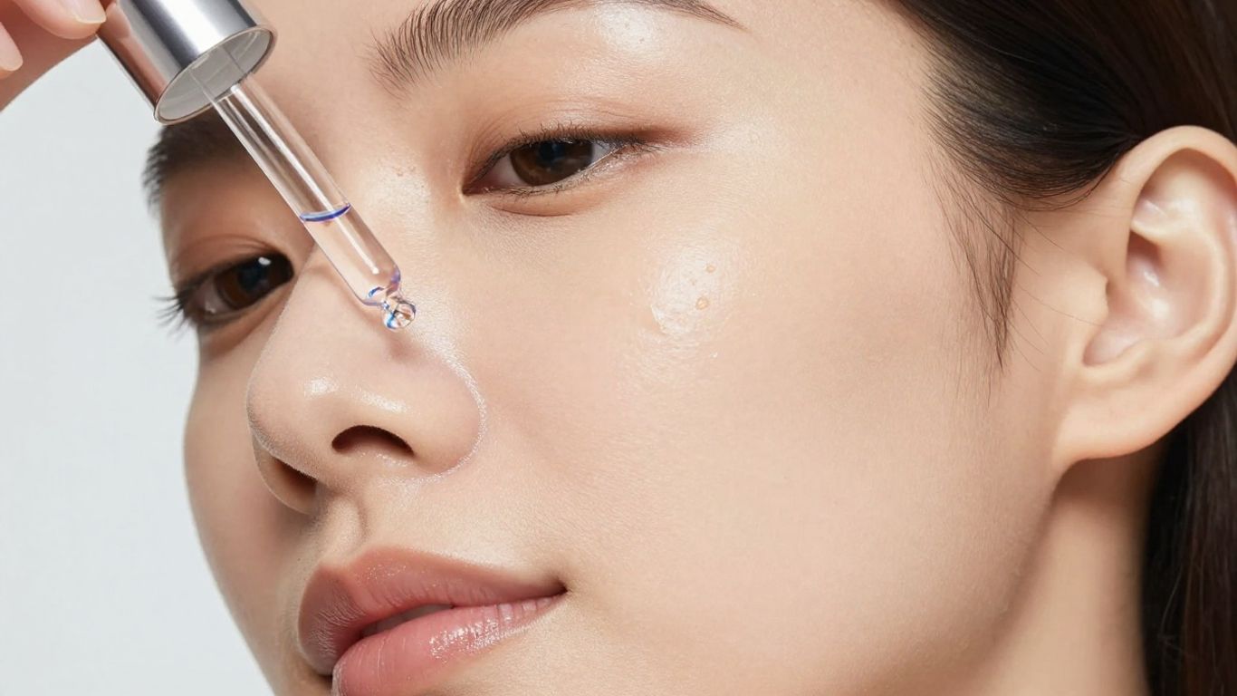 Woman with radiant skin and GHK-Cu serum bottle.