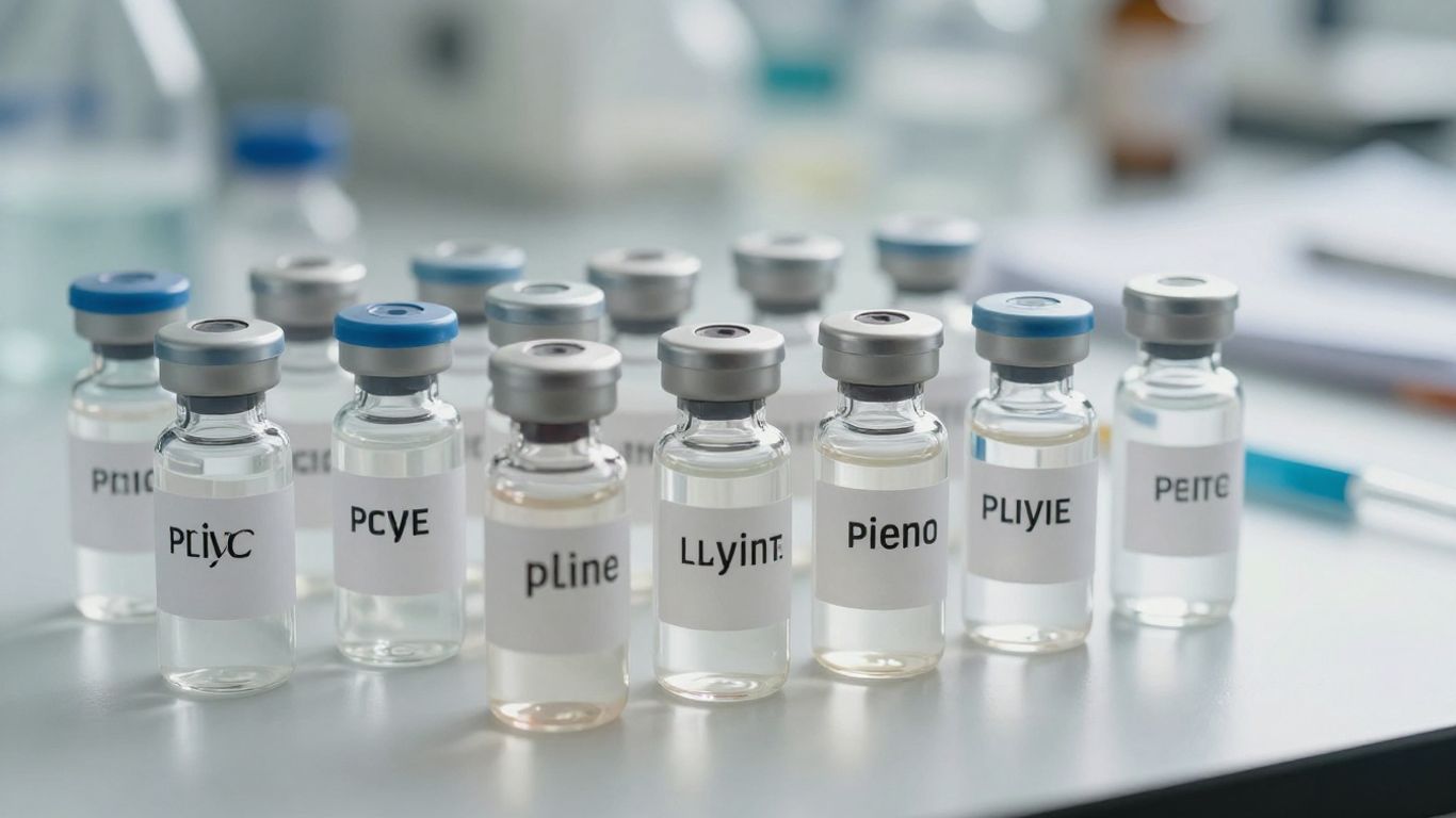 Peptide vials and bottles on a clean surface.