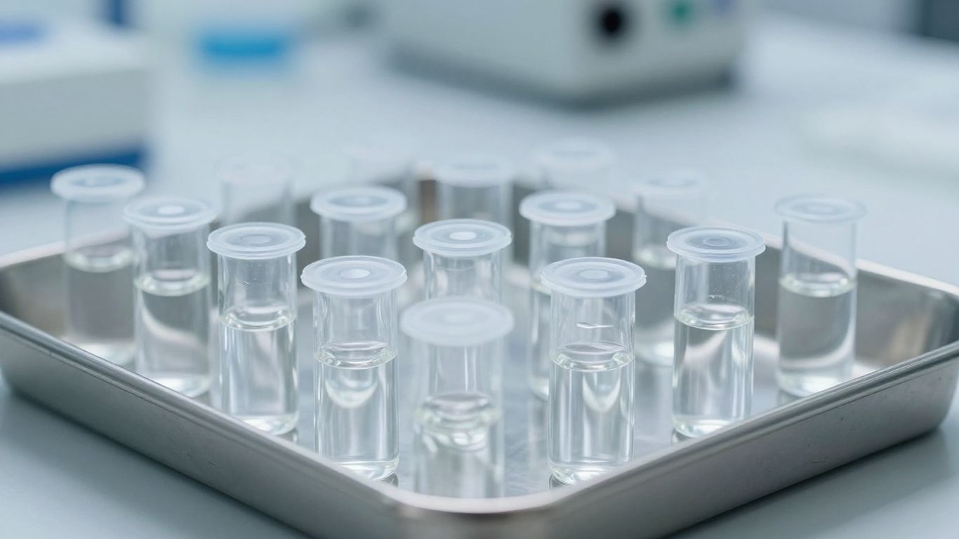 Rows of clear peptide vials in a laboratory.