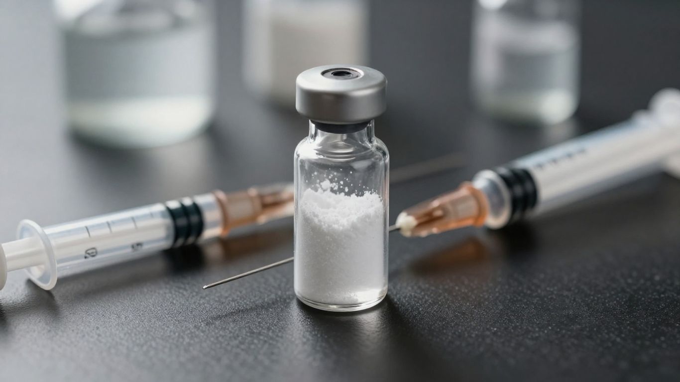 Ipamorelin peptide vial and syringe for administration.